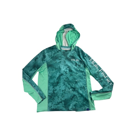 Huk Fishing Hoodie Long Sleeve Performance Shirt UPF Sun Protection Aqua Men's S - Picture 1 of 7